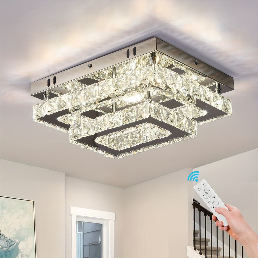 Modern rectangular crystal LED ceiling light, with K9 stainless steel, flush mount chandelier, suitable for living room, bedroom and dining room (dimmable)
