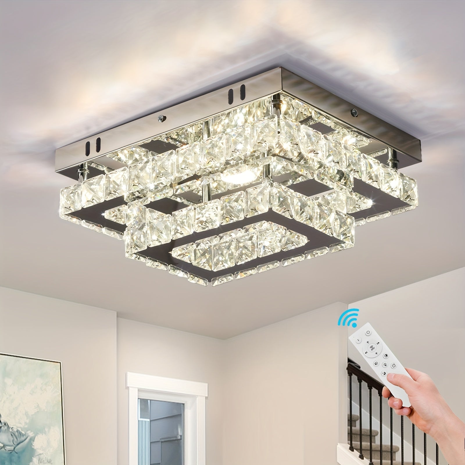 Modern rectangular crystal LED ceiling light, with K9 stainless steel, flush mount chandelier, suitable for living room, bedroom and dining room (dimmable)