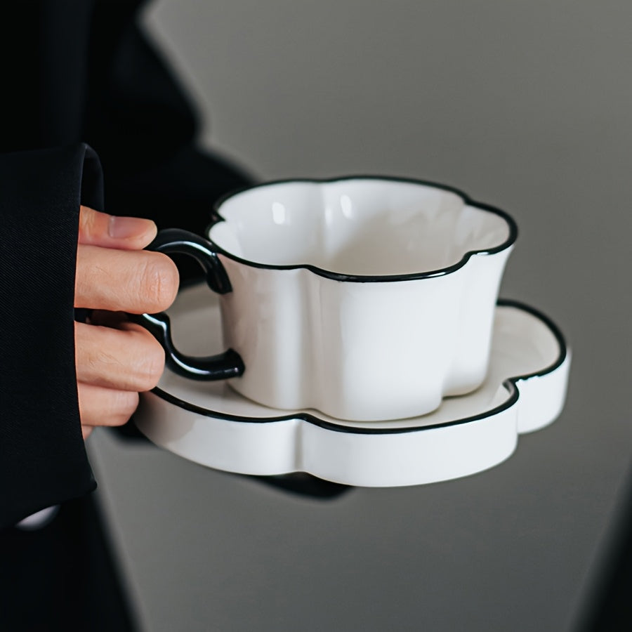 Nordic Simple Petal-Shaped Ceramic Coffee Cup & Saucer Set – Unique Office & Home Afternoon Tea Cup Set, High-End & Exquisite, High-Appeal Birthday Gift, Souvenir – Reusable, Hand Wash Only