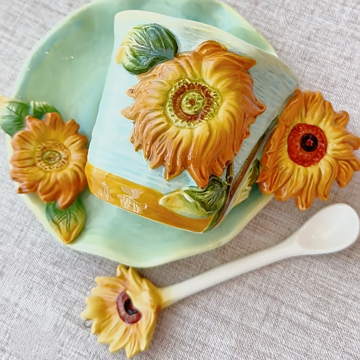 1 Set Ceramic Hand-Painted Van Gogh Classic Oil Painting Cup & Saucer Set, 1PC 3D Handmade Starry Sky, Almond Blossom, Sunflower, Iris Tea Cup & Coffee Cup, 1PC Round Saucer, 1PC Spoon, Exquisite Table Décor