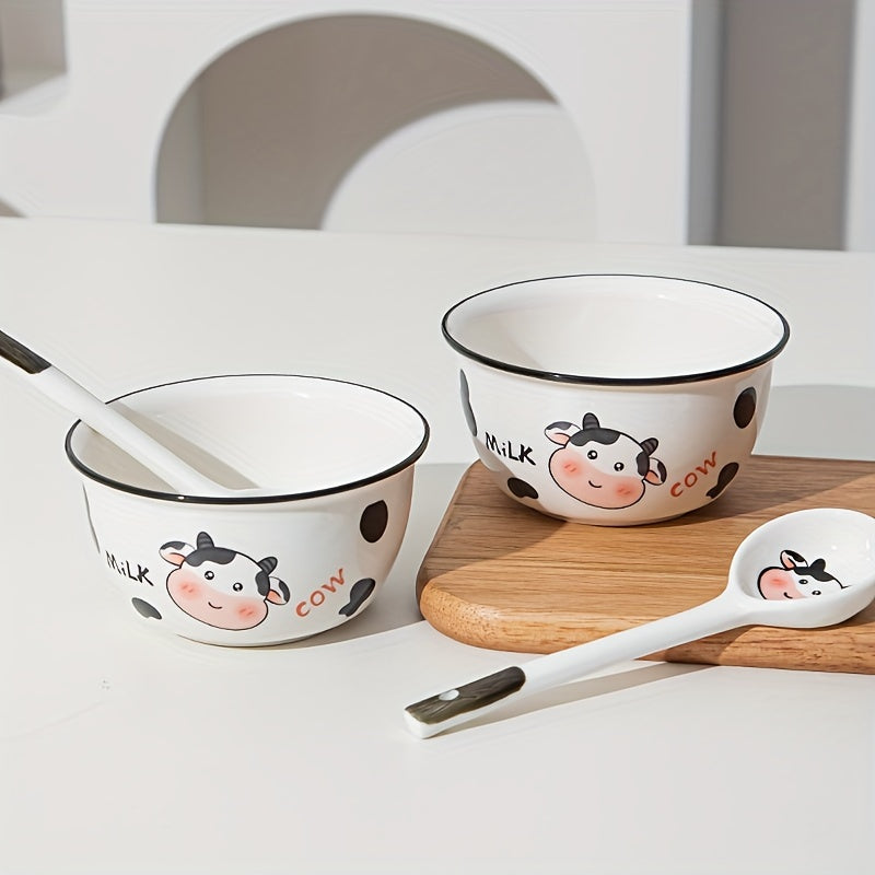 DUDU Cow Ceramic Dinnerware – 3/4pcs, Cute Cartoon Style, Rice Bowl / Salad Bowl / Soup Bowl / Handle Bowl, Small Spoon – Perfect for Dormitory or College Students