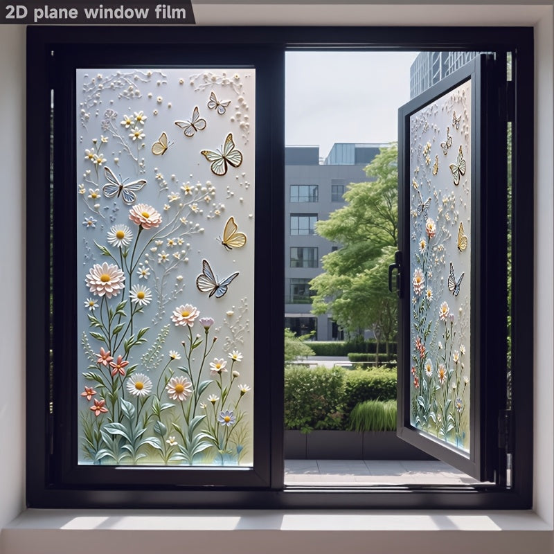 1件花卉蝴蝶印花图案2D窗膜，PVC静电吸附式窗户贴膜，17.72x39.37英寸。家居装饰可移除可重复使用隐私保护易于安装无胶。适用于浴室、厨房、办公室装饰