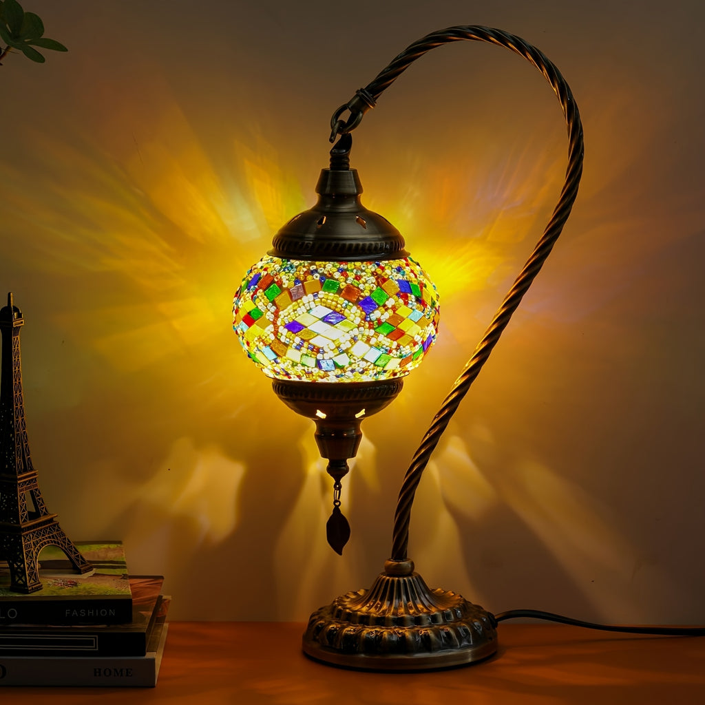 Turkish mosaic table lamp, Moroccan style metal base three-color handmade swan neck mosaic glass bedside lamp, suitable for bedroom and living room (bulb included)
