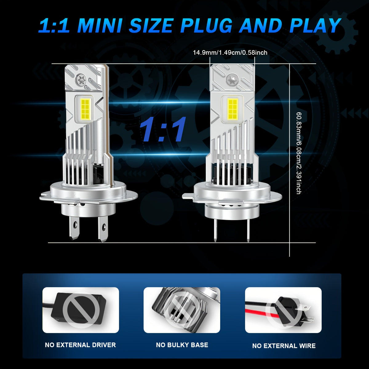 LupuAuto 2Pcs H7 LED Headlight Bulbs, 120W High Power, 4300K/6500K Super Bright White Light, 30,000 Lumens, 1:1 Mini Size Design, Plug-and-Play, Wireless H7 Car CANBUS Light, 12V, No Battery Included