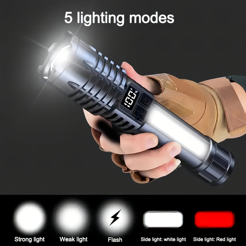 Rechargeable High Lumen Super Bright Flashlight, 5 Modes Zoomable with LCD Digital Display, Powerful Handheld LED Flashlight, ABS Material High Brightness Outdoor Light for Emergency, Camping, Fishing, Running and Hiking