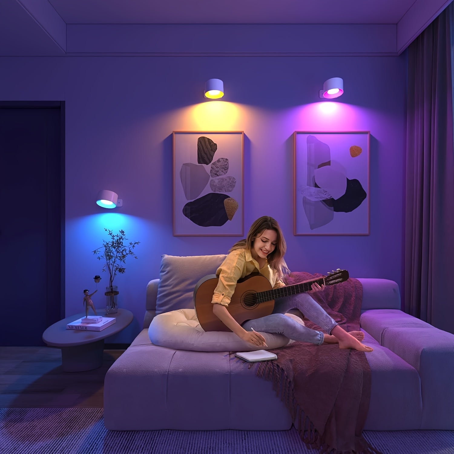 2-Pack LED Smart Wall Light, Dimmable Wall Lamp with 3 Lighting Modes and 16-Color RGB Remote/Touch Control, Powered by 2000mAh Rechargeable Battery, Suitable for Bedside Reading