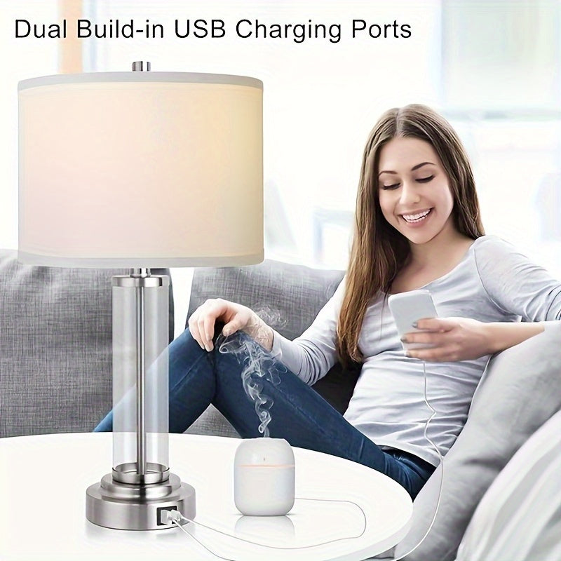 Touch control USB-C+A table lamp set for bedroom (2 pieces), 3-level dimmable modern bedside night light with cream fabric shade, reading bulb included