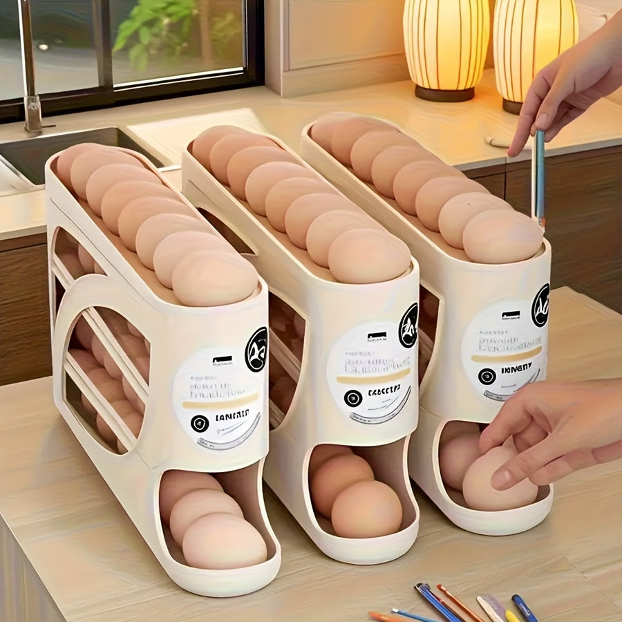 1Pc Stackable Refrigerator Egg Holder, Auto Sliding Design, Space-Saving Large Capacity Storage, Transparent PP Material, Fresh-Keeping Space-Saving Kitchen Gadget, Fridge Egg Rack