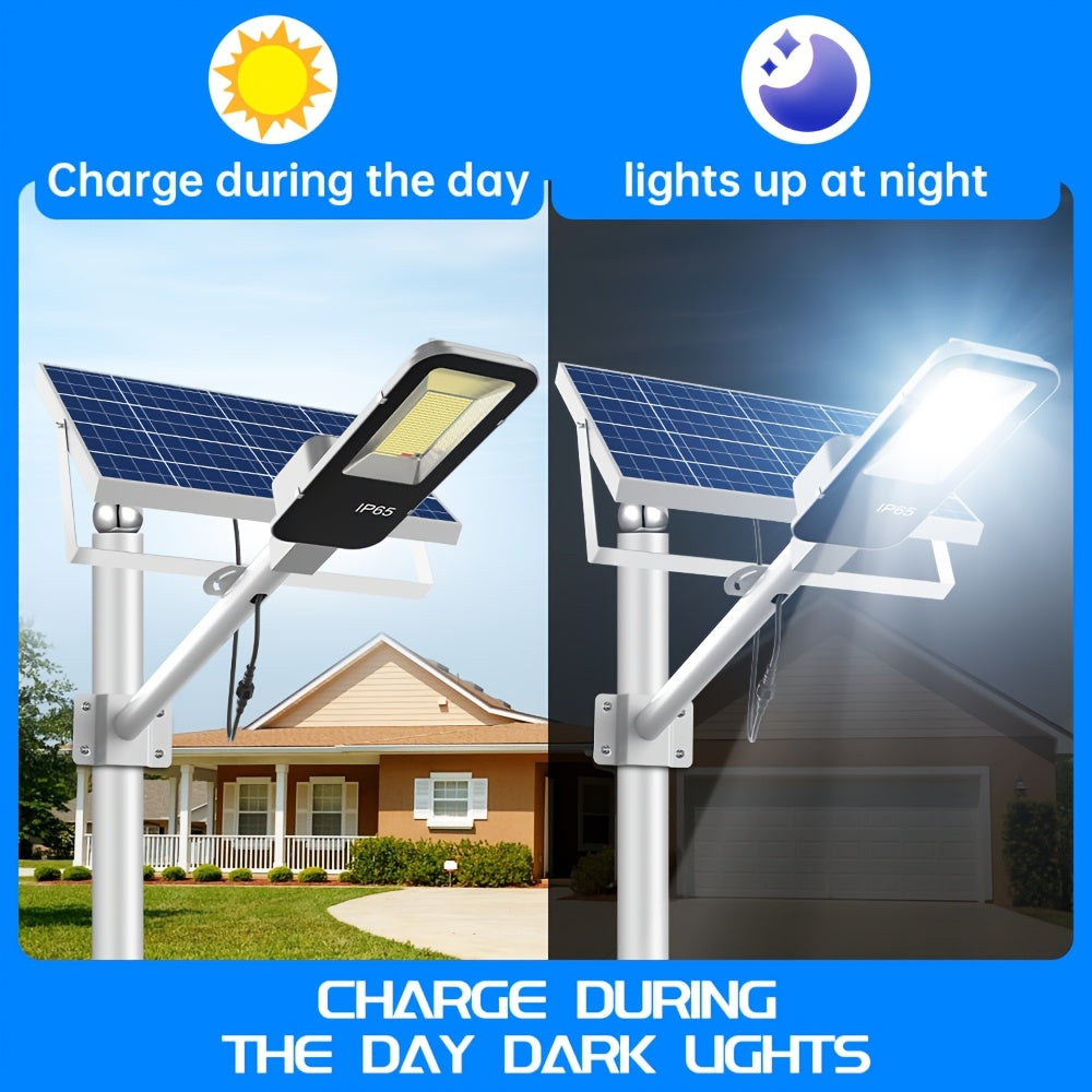 2 Pack Powerful Solar Street Light, IP65 Outdoor Light, 6500K Security Floodlight, Dusk to Dawn, with Remote Control, 6000mAh Large Capacity, High Brightness 375 LEDs, Perfect for Streets, Pathways, Courtyards, Gardens, Garages, Parking Lots