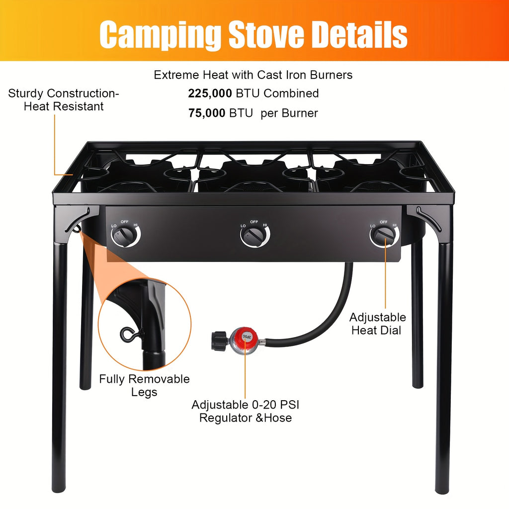 Outdoor Stove, 3-Burner, High-Pressure Propane Gas Camping Stove with Detachable Legs, Ideal for Camping & Patio, 225,000 BTU
