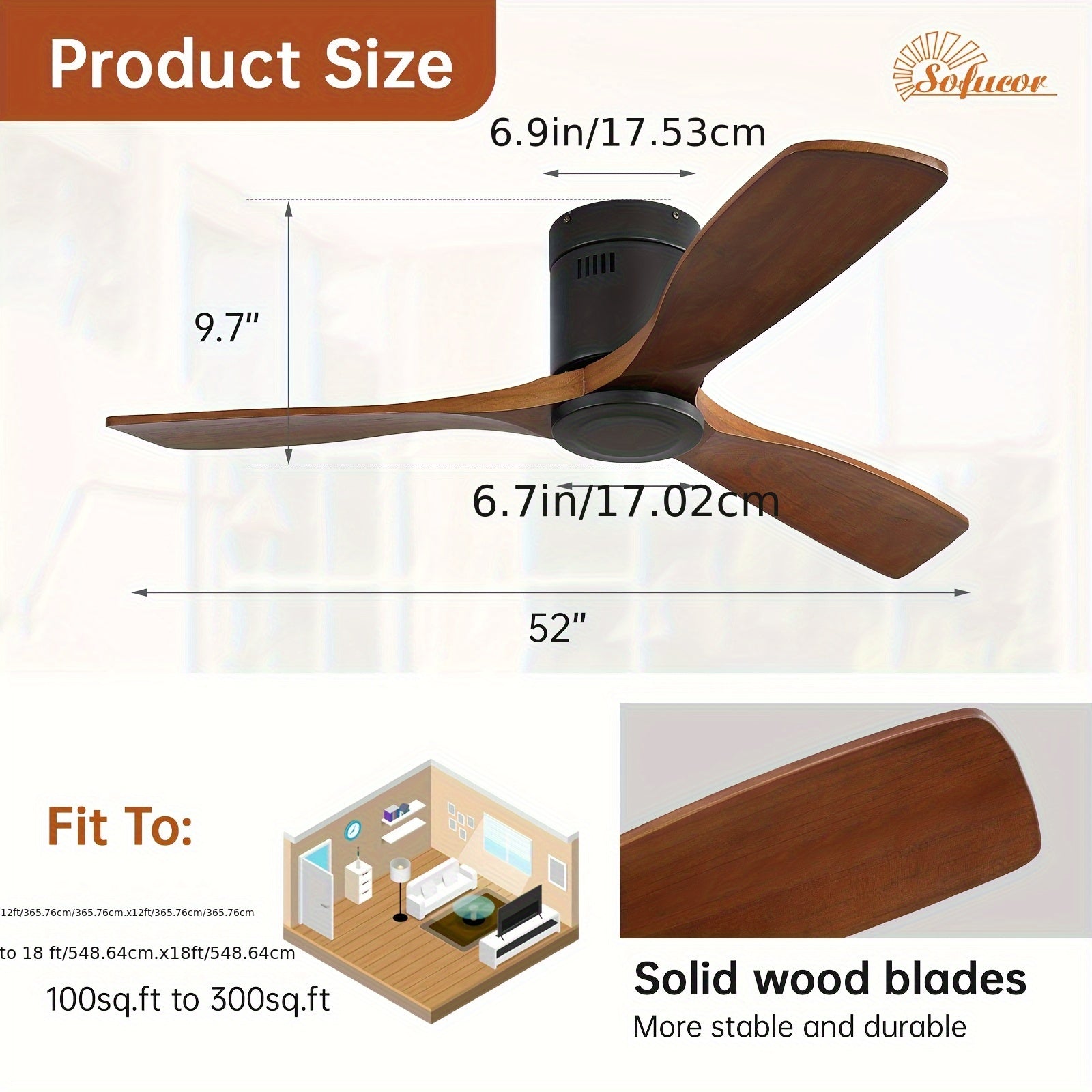 Sofucor 1pc 52" Flush Mount Ceiling Fan, Low Profile Ceiling Fan with Remote Control, Outdoor Ceiling Fan with 3 Double-Sided Walnut Blades, Noiseless DC Motor