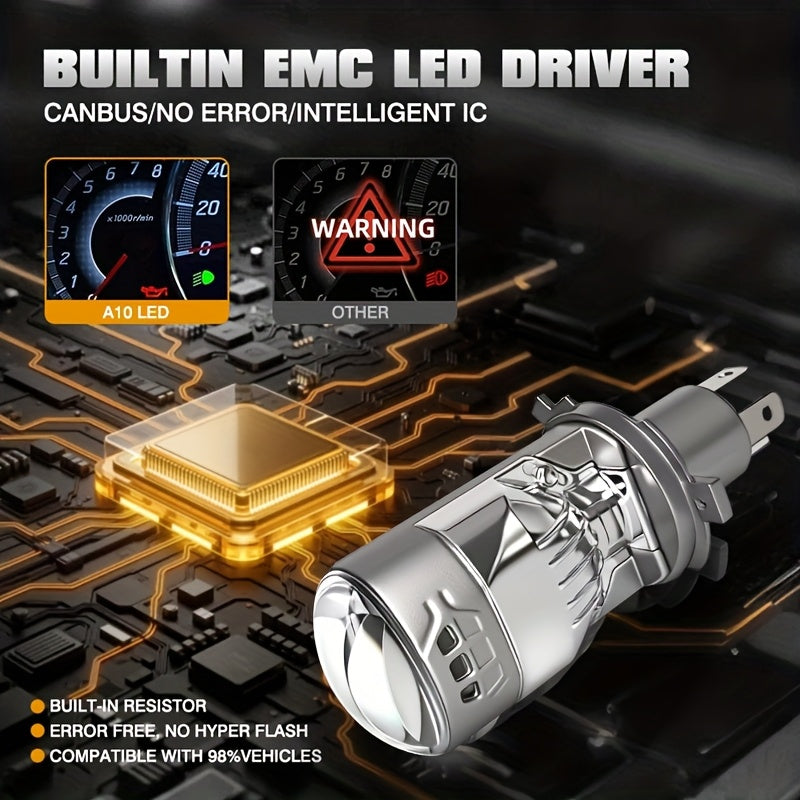 2个装 H4 9003 HB2-QC0105 超亮 6500K 白色光 CSP LED 大灯，高流明 60000Lm/个 260W，镜头设计完美光束，内置驱动器带风扇，长寿命，汽车摩托车迷你镜头，不含电池