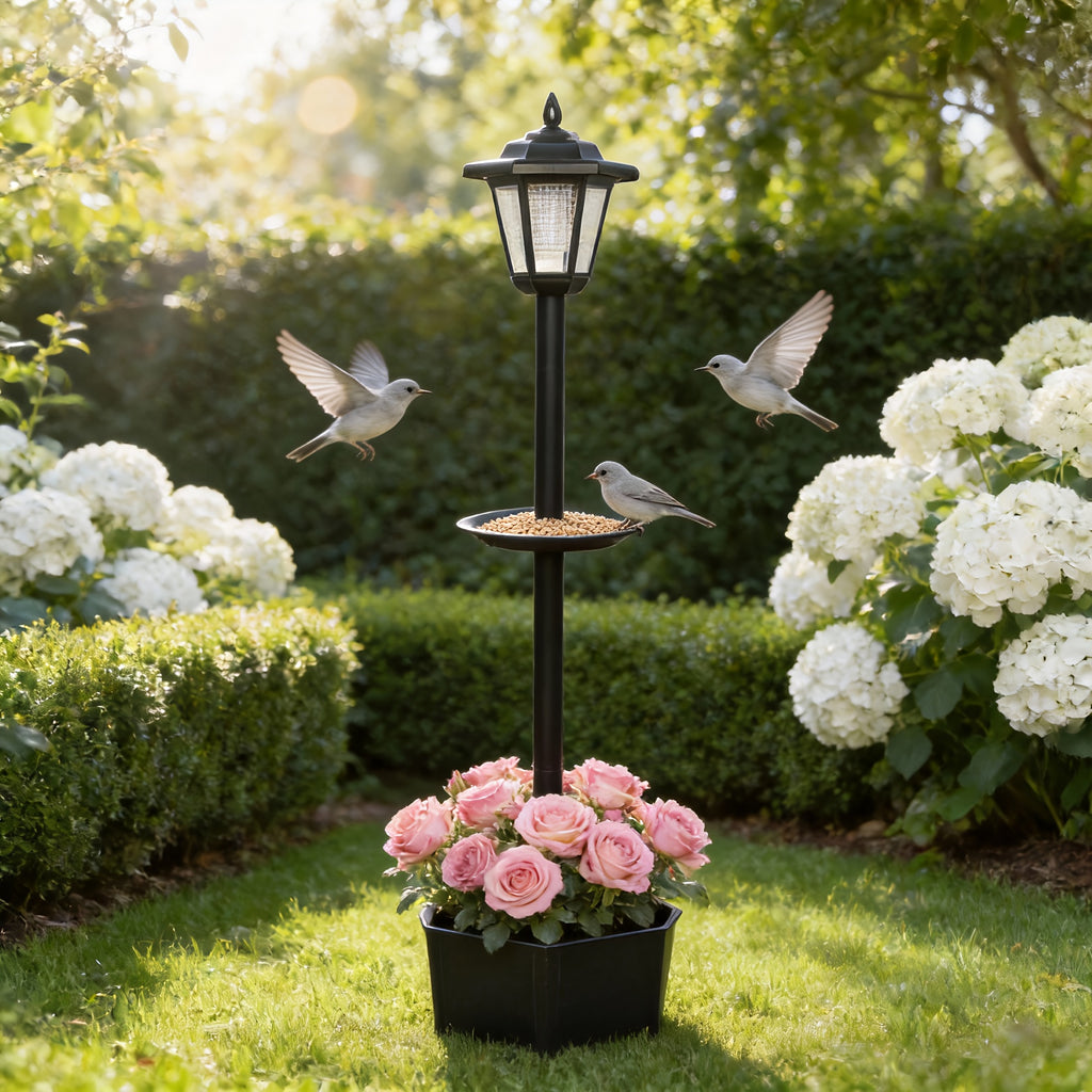 1-Piece 26.5in23in90.5in Solar Decorative Ambient Light Bird Feeder, Outdoor Courtyard Landscape Lighting Device with Bottom Planting Flower Pot, IP44