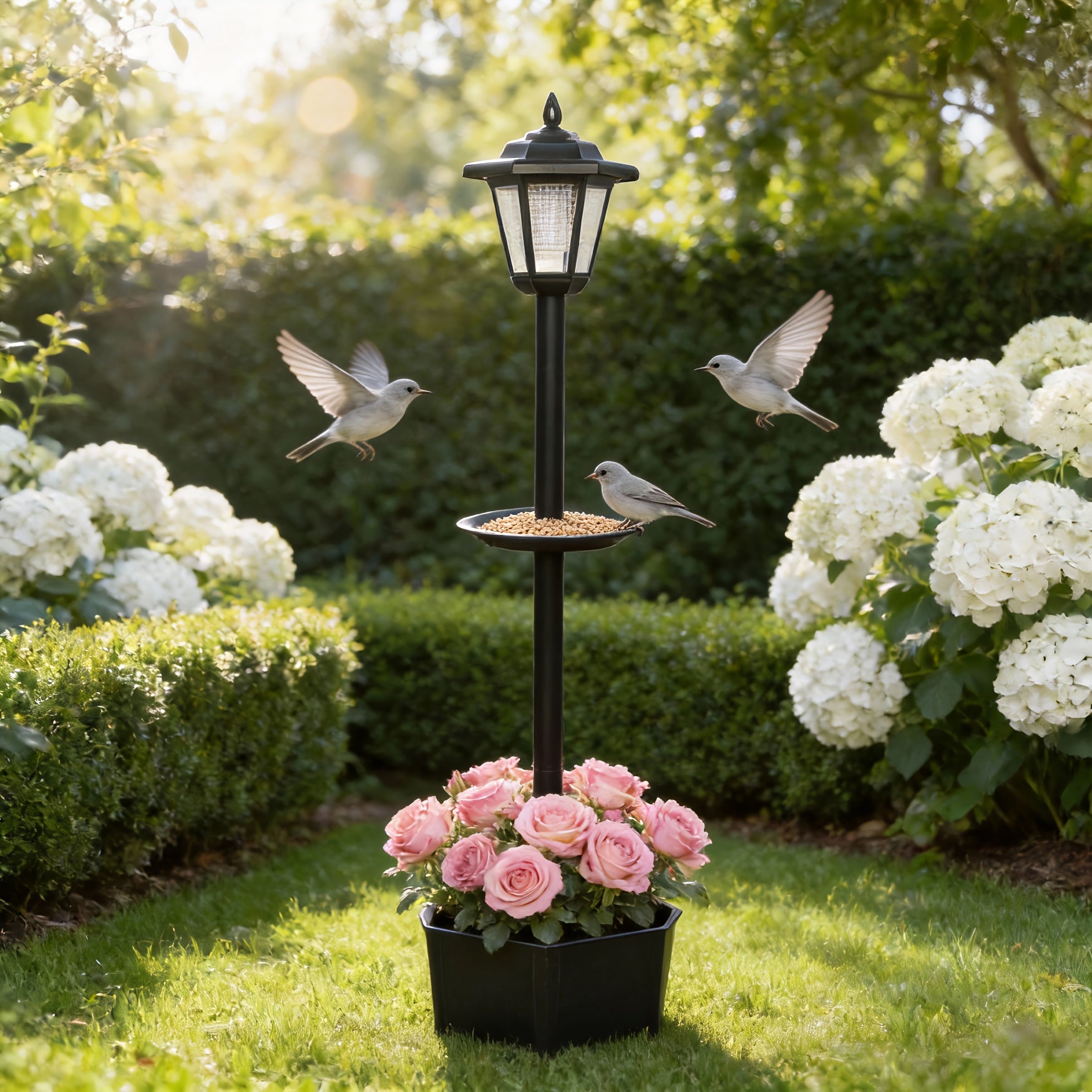 1-Piece 26.5in23in90.5in Solar Decorative Ambient Light Bird Feeder, Outdoor Courtyard Landscape Lighting Device with Bottom Planting Flower Pot, IP44