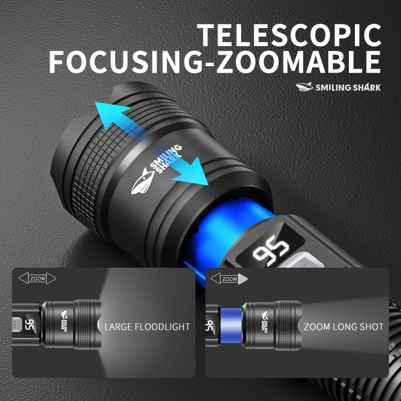 1Pc SMILING SHARK Rechargeable Flashlight, Super Bright Zoomable LED Spotlight with Digital Display, 3 Lighting Modes, Lightweight Portable Handheld Work Light, Type-C Charging, Model SD5242B, for Hiking Camping Fishing Outdoor Emergency