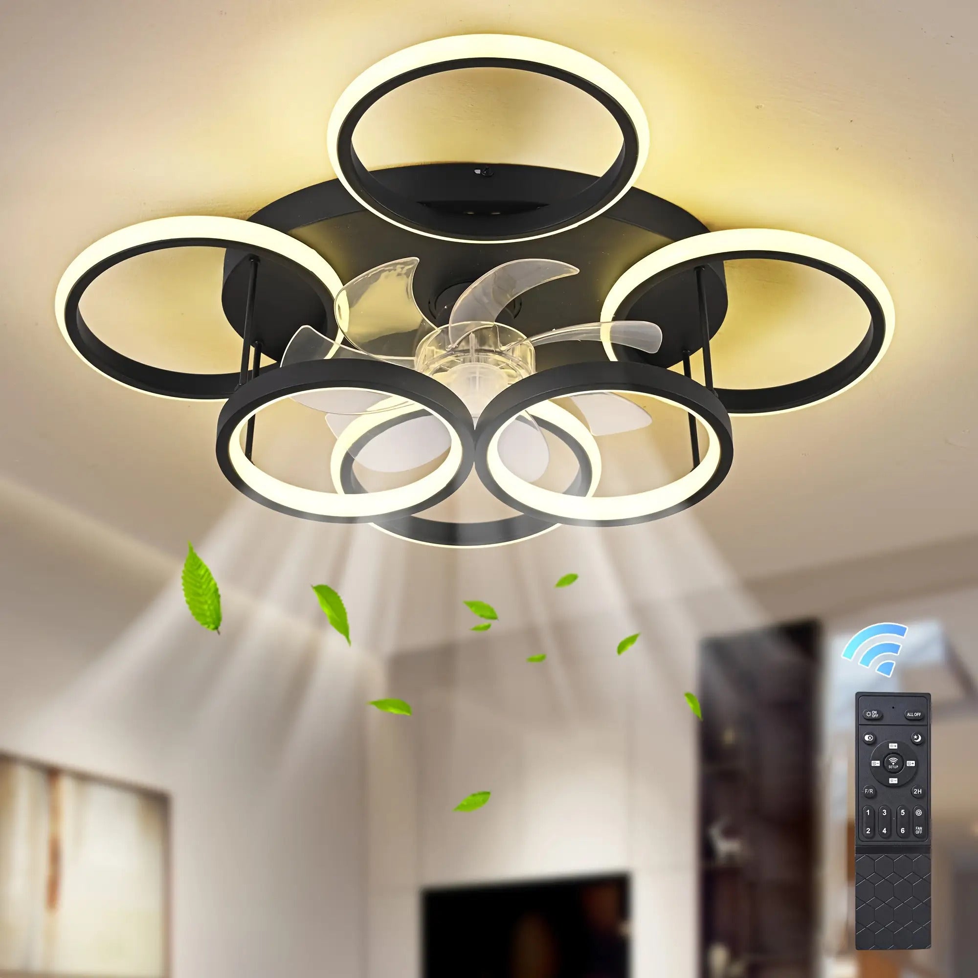 Qcyuui Modern Fan Light - Remote Dimmable LED Light, Bladeless Design, Reversible Motor, 6-Speed Silent Fan, Remote Color Temperature/Dimming, Semi-Flush Mount (24.8 Inch Black), for Living Room, Dining Room, Office