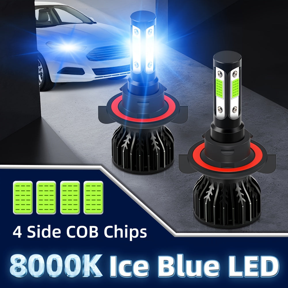 2 High/Low Beam Headlights, Luminous Intensity 30000 Lumens, 8000K Ice Blue Light, Equipped with 4 Side COB Chips, Including Models 9005/HB3, 9006/HB4, H4, H7, H11, H13, 9004 and 9007, No Battery Included