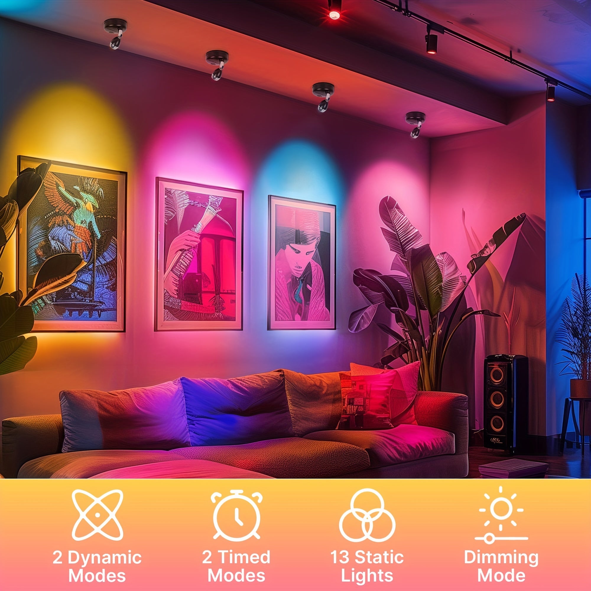 A set of 4 wireless RGBW indoor decorative spotlights, uplighting, 13-color changing tree lights, photo lighting with remote control and timer, illumination for plants and holiday celebrations