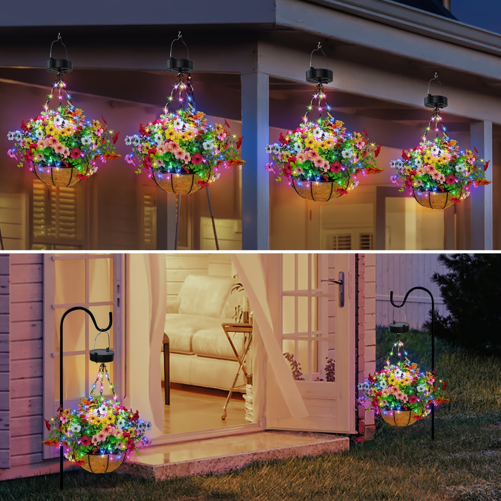 One-Piece Solar Hanging Light with Automatic On/Off Sensor, Solar Flower Basket Light with Artificial Plants - Outdoor Garden, Courtyard, Path, Lawn Decoration - Landscape Solar Lighting, No Wiring Needed, Durable Plastic Structure