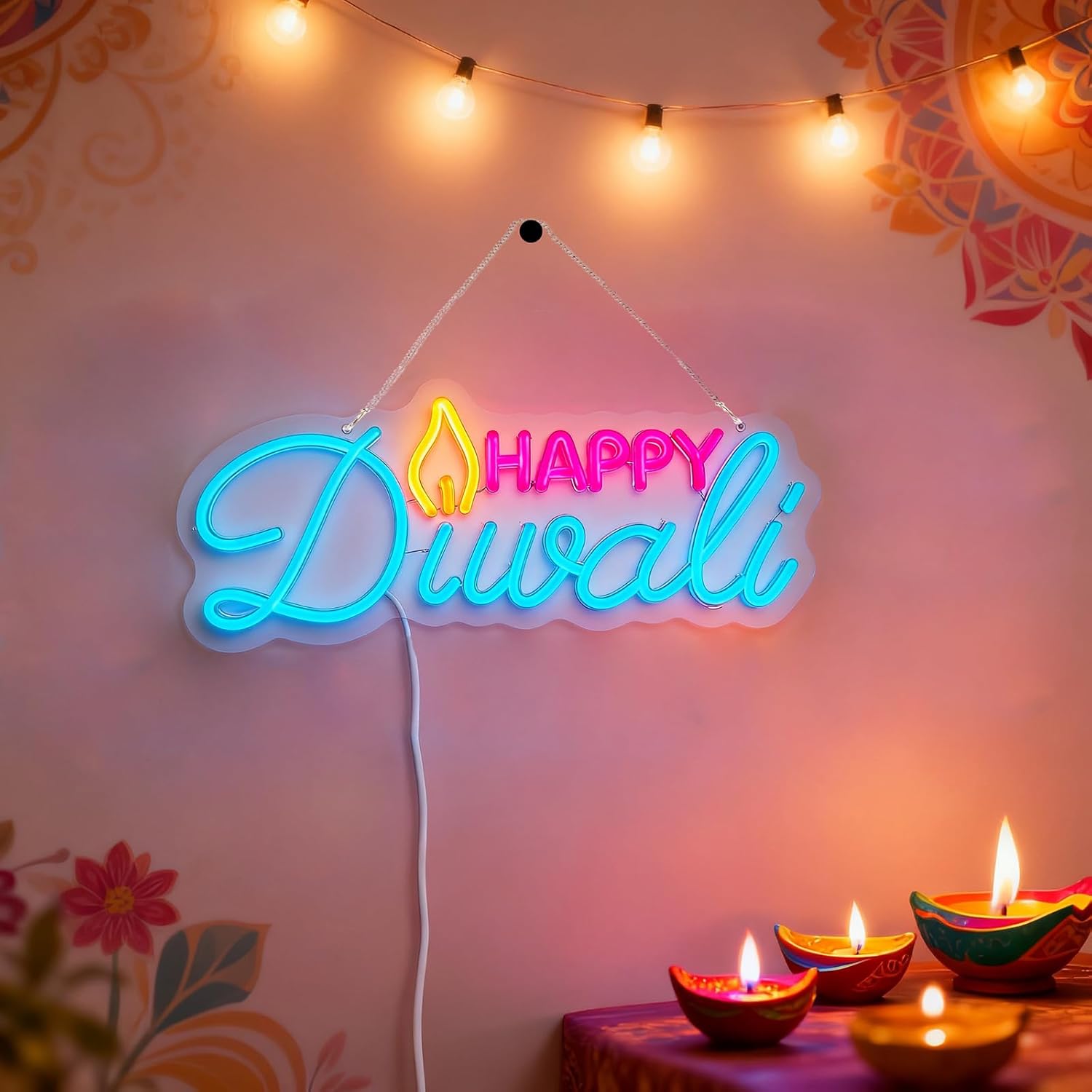 Happy Diwali LED neon light, festival light, oil lamp shape LED neon light, USB powered, home Diwali decoration, wall room bedroom decoration, neon light