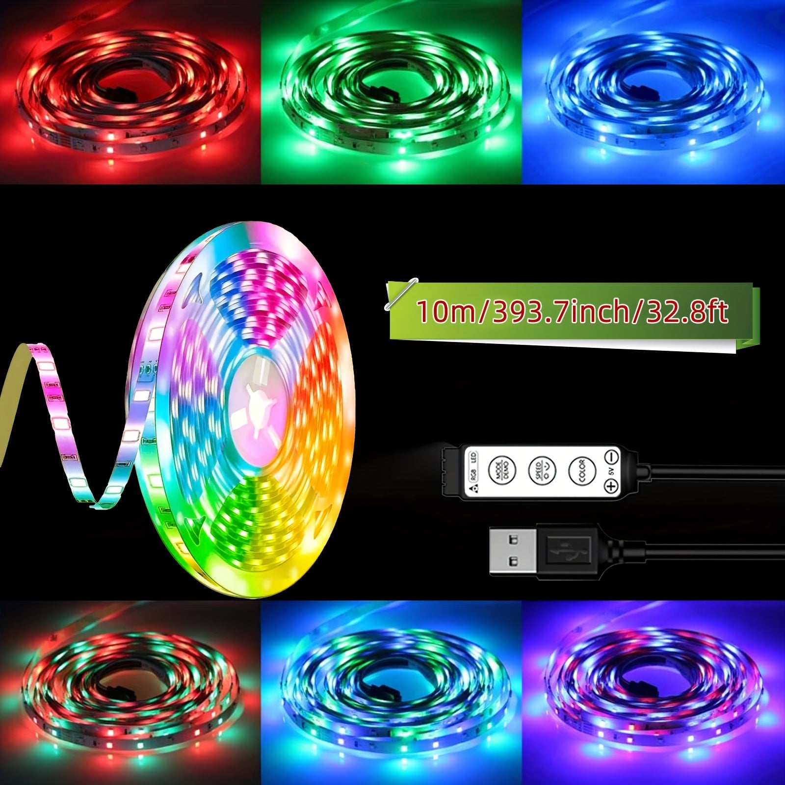 LED灯带 196.85英寸/393.7英寸/590.55英寸，45颗LED每米，USB供电，3键控制，静态与动态模式，卧室、天花板、派对氛围装饰照明，便捷安装