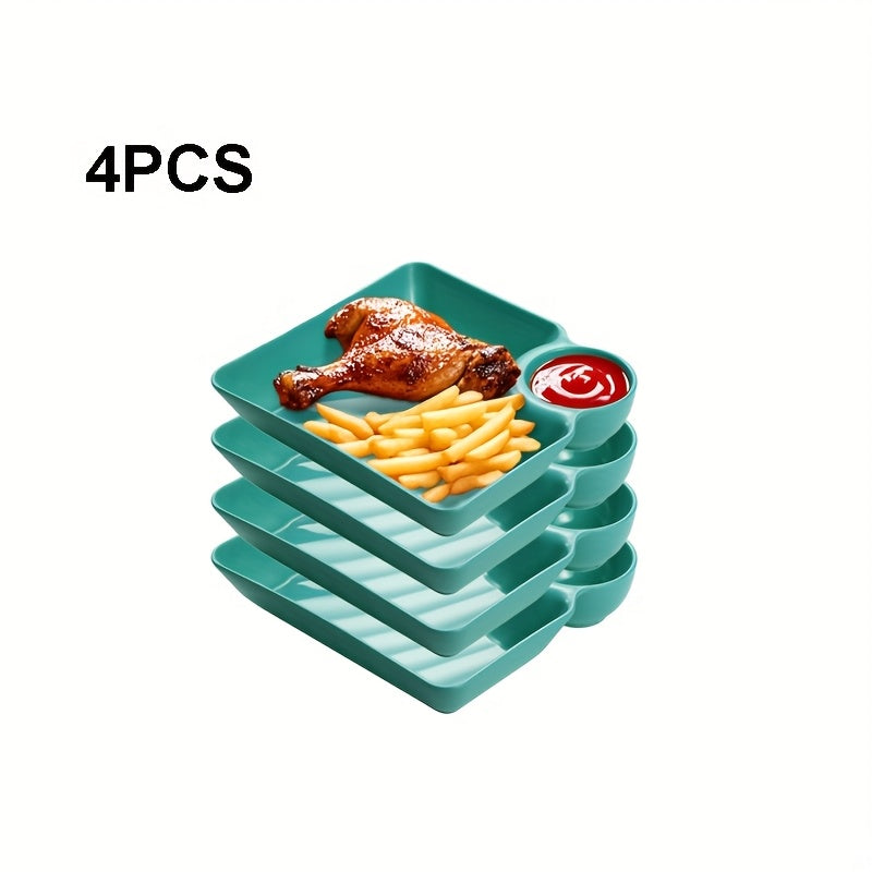 7.3x6.6 Compartment Snack Plate Set, Plastic Divided Dumpling Plate / Sushi Plate / Fry Dipping Plate with Sauce Area, Unbreakable, Microwave & Dishwasher Safe