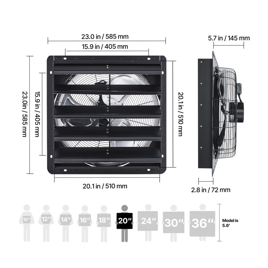 VEVOR 10/12/14/20/24 Inch Window Shutter Exhaust Fan, Wall Mounted Attic Vent Fan with Variable Speed Controller, AC Motor, Heavy Gauge Steel, Low Noise, Black, Ideal for Shed Garage Greenhouse Ventilation Cooling