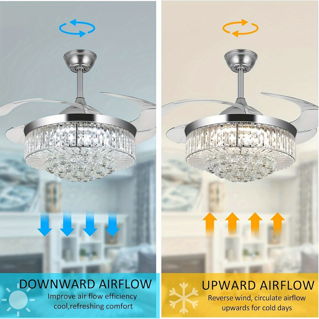 42 Inch Flush Mount Ceiling Fan with Light, Reversible Chandelier Design, for Bedroom and Living Room, 3 Color Options, 6 Speed Settings, Built-in Timer and Chandelier Function
