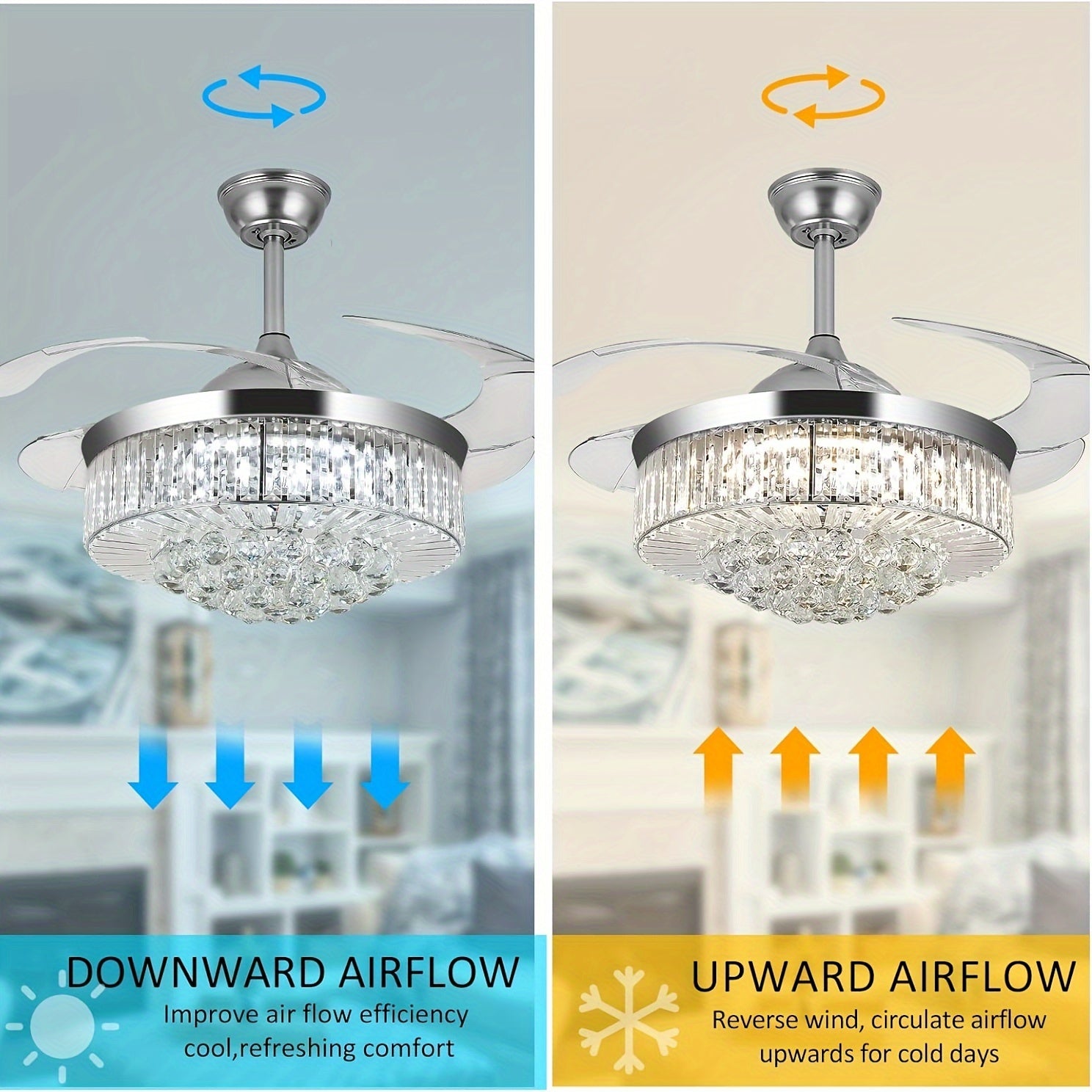 42 Inch Flush Mount Ceiling Fan with Light, Reversible Chandelier Design, for Bedroom and Living Room, 3 Color Options, 6 Speed Settings, Built-in Timer and Chandelier Function