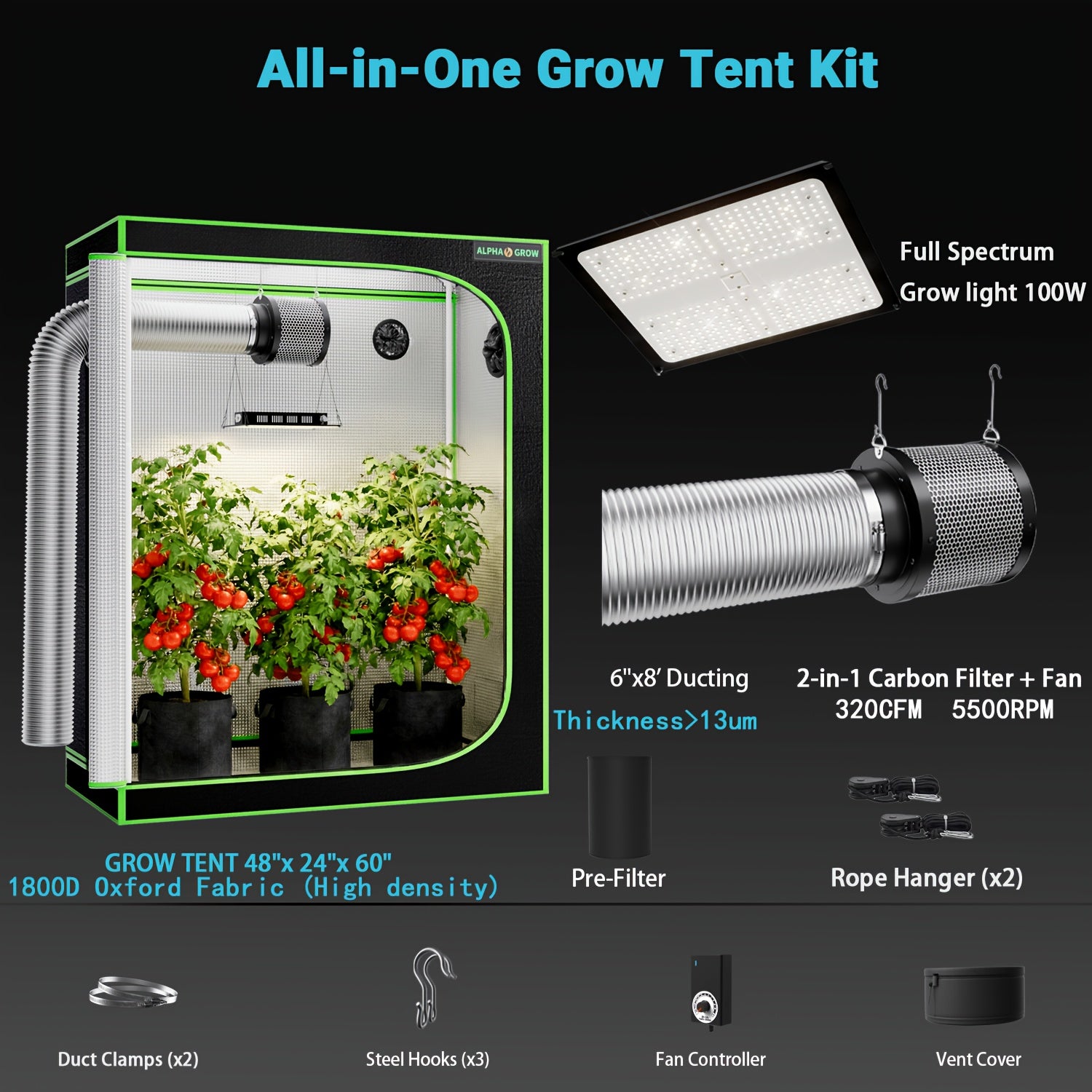 Professional 1800D 4x2 Grow Tent Kit 48"x24"x60", Complete Hydroponic System for Indoor Plants, 100W Full Spectrum LED Grow Light, 320CFM 6 Inch 2-in-1 Fan & Carbon Filter Combo 2398196504, High Reflective Mylar Lining