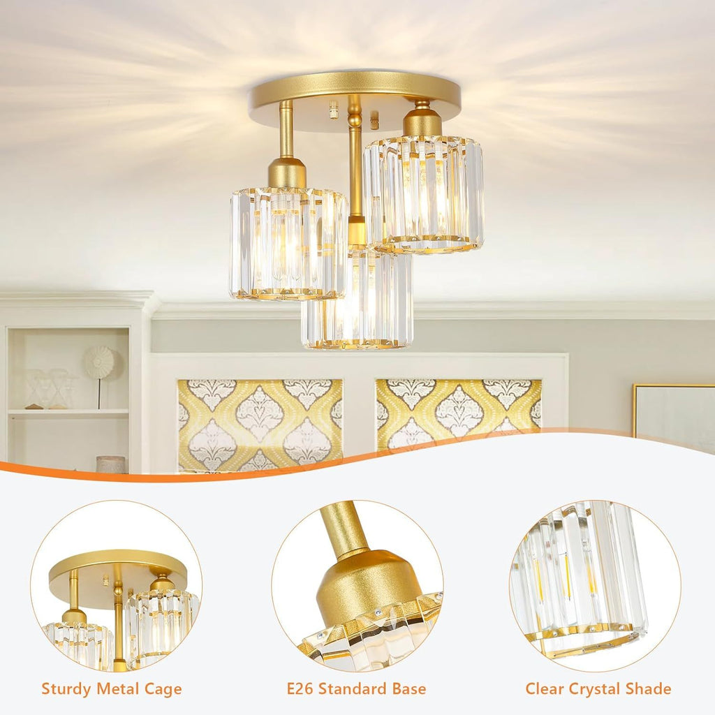Modern Semi-Flush Mount Ceiling Light, Crystal 3-Head Kitchen Light, Hallway Pendant Light, Indoor Flush Mount Light, Suitable for Bedroom, Foyer, Entryway, Kitchen