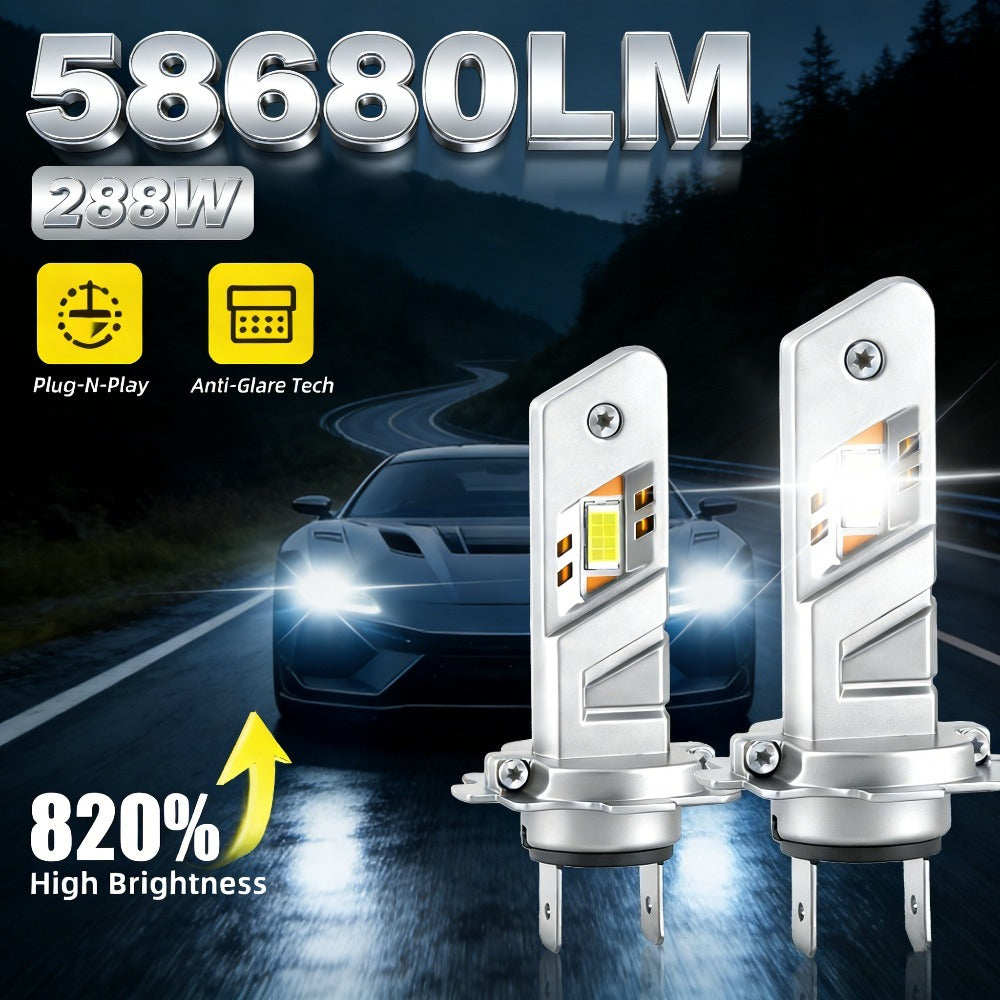 2-Pack LED Car Headlights H7 H11 H1 9005 9006 H4, 58680 Lumens 288W High/Low Beam Fog Light, 820% High Brightness, 300m Illumination Distance, Cool White 6000K, Bright Plug-and-Play Error-Free Decoding