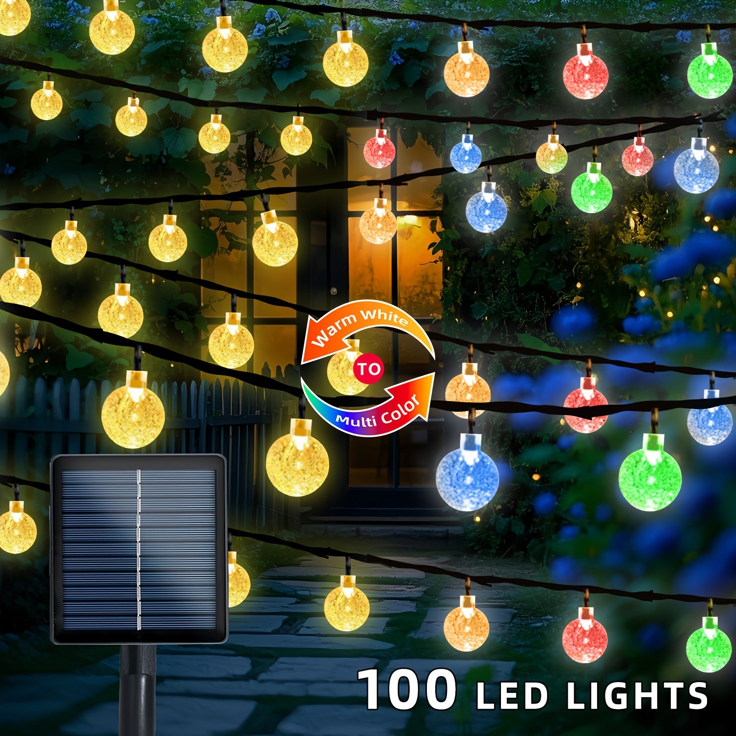 RGB LED灯带，太阳能水晶仙女灯，100/50/20颗LED灯珠，11种灯光模式，夜晚自动亮起，白天自动关闭，适用于庭院、花园、婚礼、露台、圣诞节、派对等场景