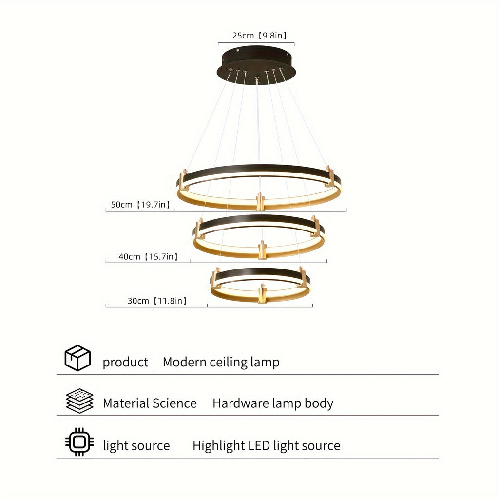Modern LED pendant light, 90W dimmable modern LED black pendant light, 3-ring acrylic hanging pendant lighting fixture, kitchen island, dining room, living room, bedroom, foyer