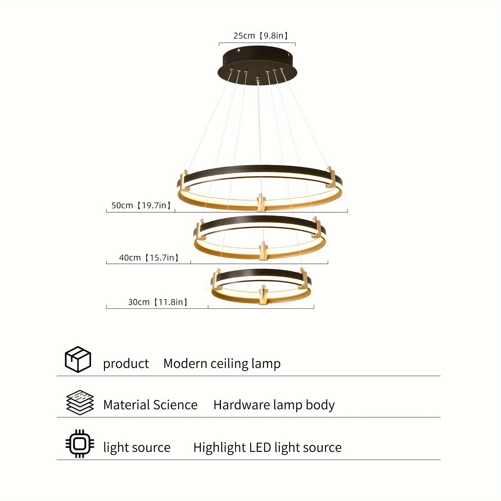 Modern LED pendant light, 90W dimmable modern LED black pendant light, 3-ring acrylic hanging pendant lighting fixture, kitchen island, dining room, living room, bedroom, foyer