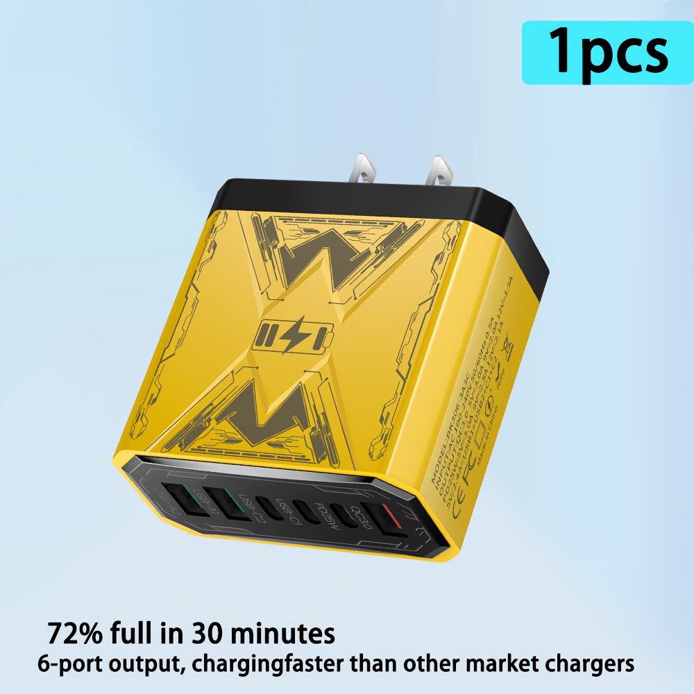 6-in-1 Fast Charger 3USB + 3Type-C Power Adapter with Indicator Light, QC3.0 Power Adapter Cube USB Wall Charger, for iPhone 17/ 16/ 15/ 13/ 13pro/ 12/ 12pro/ XR/ SE, Pro/ Mini/ Air---Perfect Christmas, Holiday, New Year Gift,  Travel Charger