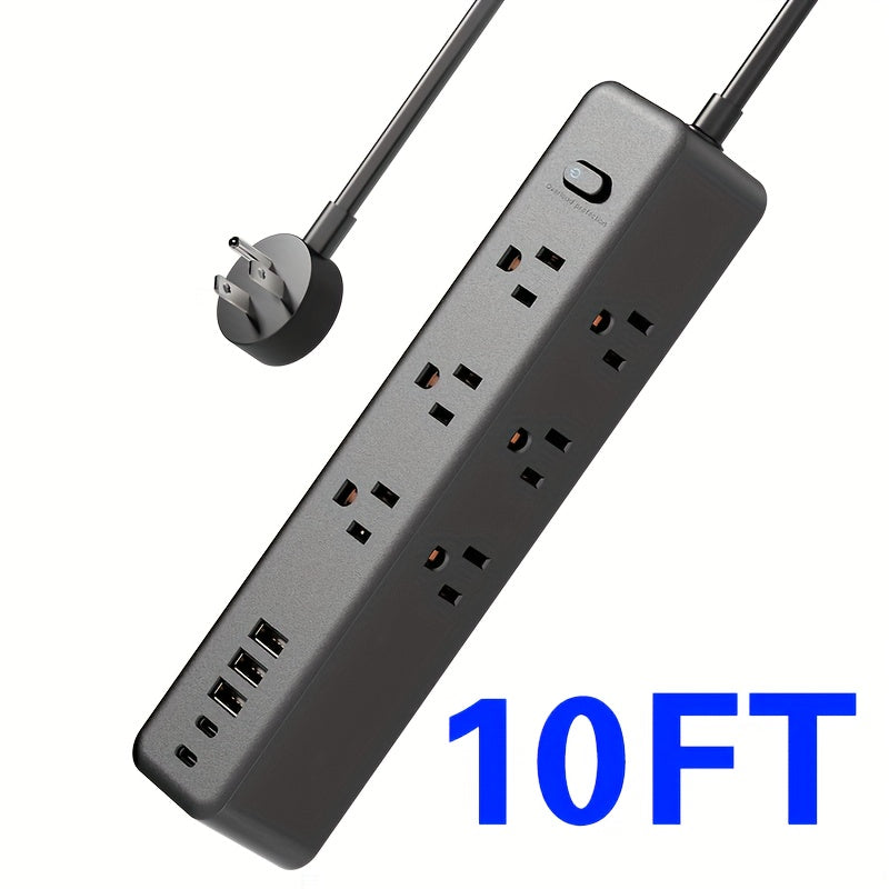 14-in-1 Black Power Strip with 9 Outlets, 3 USB Ports, 2 USB-C Ports, 5/10ft Extension Cord, Flat Plug, Wall-Mountable, Overload Protection, Power Socket Surge Protector - Suitable for Desktop Charging In Homes And Offices