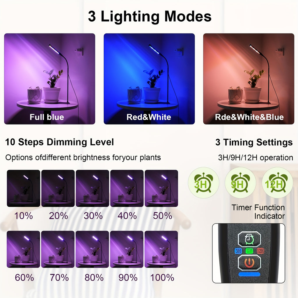 1-Pack Full Spectrum LED Plant Grow Light with Base, Movable Overhead Grow Lamp, White/Red/Blue LED Beads, 10 Dimmable Levels & Auto Timer 3/9/12H, Desktop Cabinet Clip-On Design, Perfect for Indoor Potted Plants, Easy Maintenance, Ideal Choice