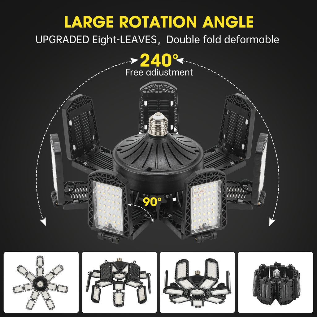LED Garage Light, Ultra-Bright Screw Base E26/E27 Ceiling Workshop Work Light, 300W 30000 Lumen Deformable Basement Bulb Fixture, with 14+1 Adjustable Panels, Suitable for Workshop, Attic Lighting