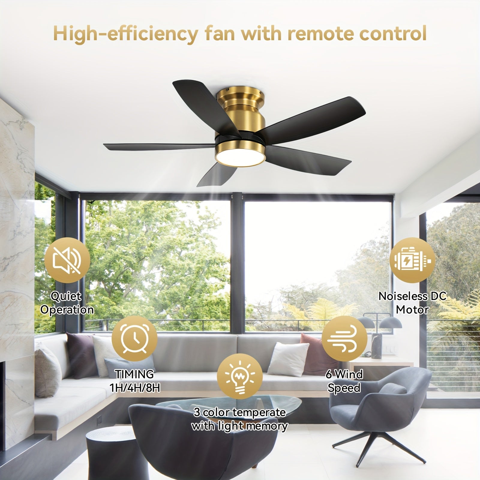 Sofucor 42 Inch Ceiling Fan with Light, 5 Blades Design, Equipped with Remote Control, Quiet Reversible DC Motor, Timing Function and 6 Speed Levels, Black &amp; Gold Available, Perfect for Modern Bedroom and Living Room