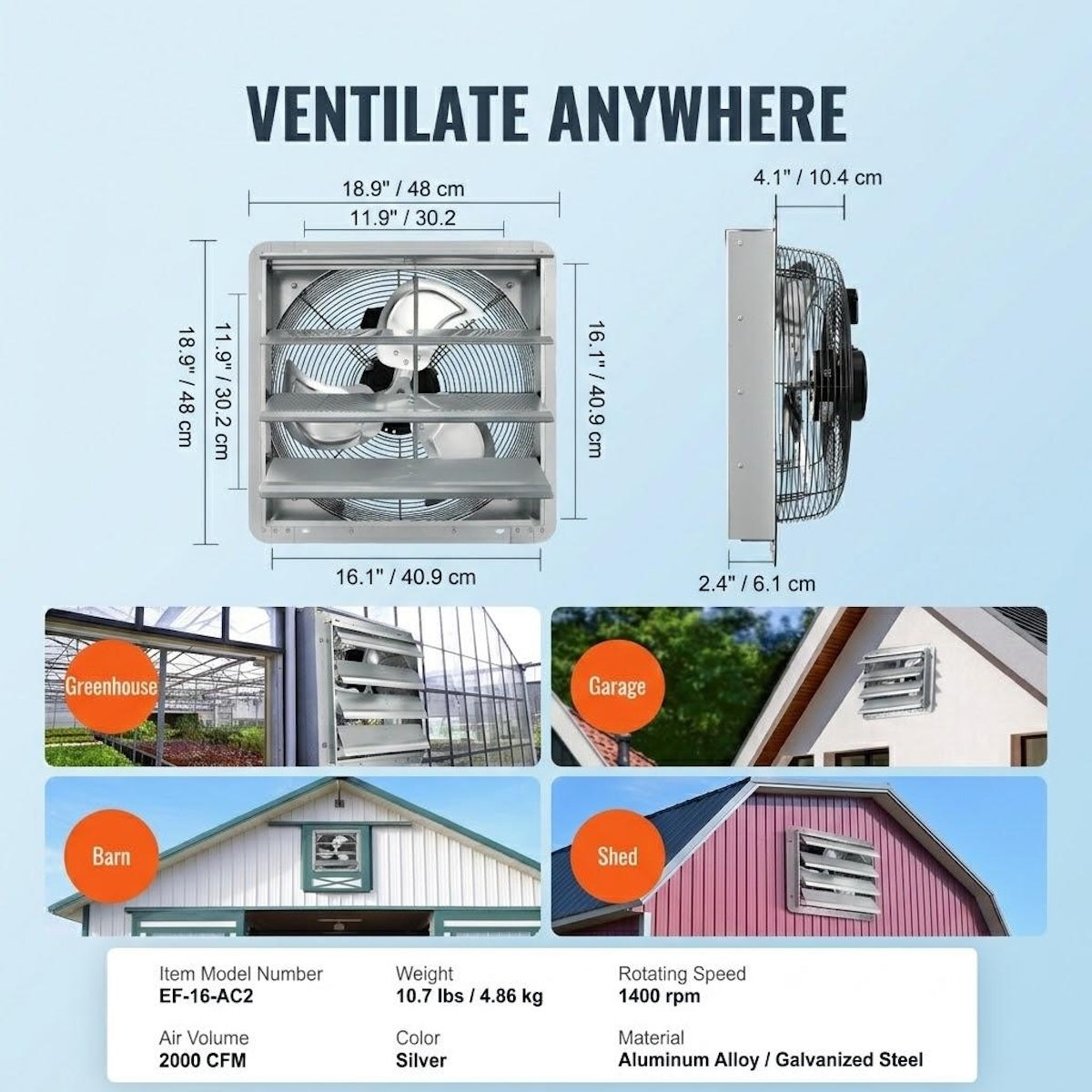 Louvered Exhaust Fan, Wall-Mounted Attic Fan with Speed Controller, 2000 CFM High Airflow, Ideal for Greenhouse, Garage, Shed, Shop Ventilation, Top-Rated