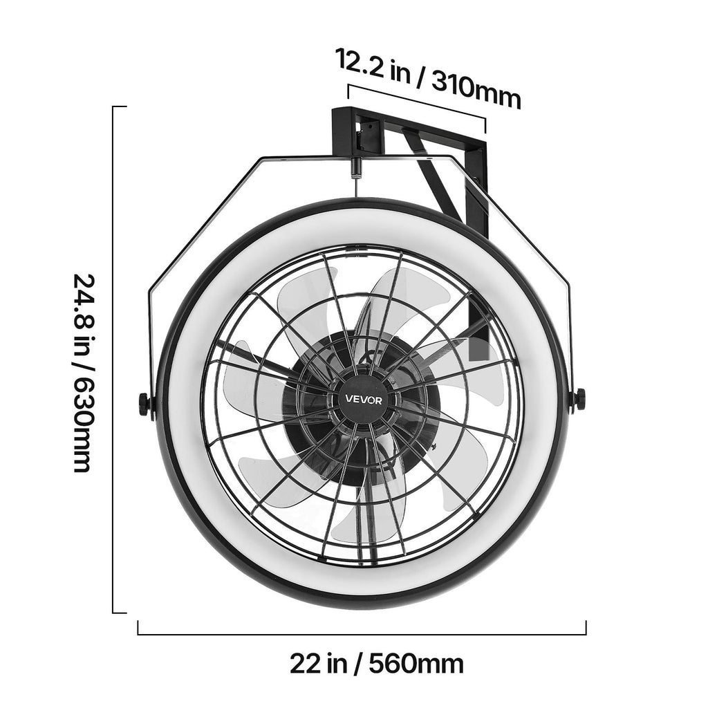 VEVOR 22 Inch Wall Mounted Fan with Light, Remote Control, 6 Speed Settings, for Patio, Workshop