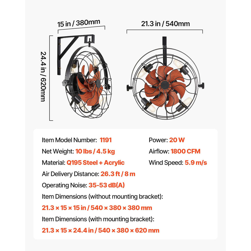 VEVOR Wall Mounted Fan with Lights, 21 Inch Wall Fan with Remote, 6-Speed Plug-in Wall Fan with Timer, 360° Adjustable Tilt, for Bedroom, Garage, Workshop (4 E26 Bulb Sockets Compatible, Bulbs Not Included)