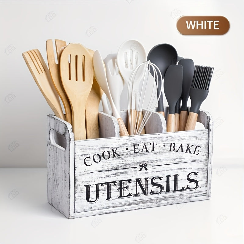3 Compartment Rustic Wooden Kitchen Utensil Rack, Countertop & Wall Mount Kitchen Storage Organizer, Kitchen Accessories Holder for Fork Spoon Cooking Tools, Multifunctional Kitchen Organizer