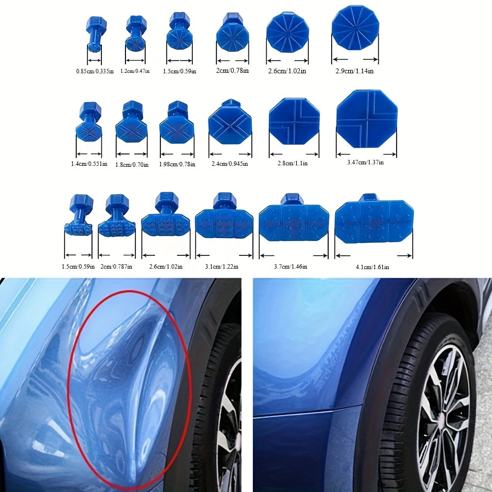 1 Set Car Dent Repair Tool, Silver T-Handle with 36 Blue Car Dent Pulling Tabs, Affordable, Sturdy and Durable, Industrial Grade Quality, Dent Repair Tabs Tool, Car Dent Collision Repair Tool, Restore Perfect Body
