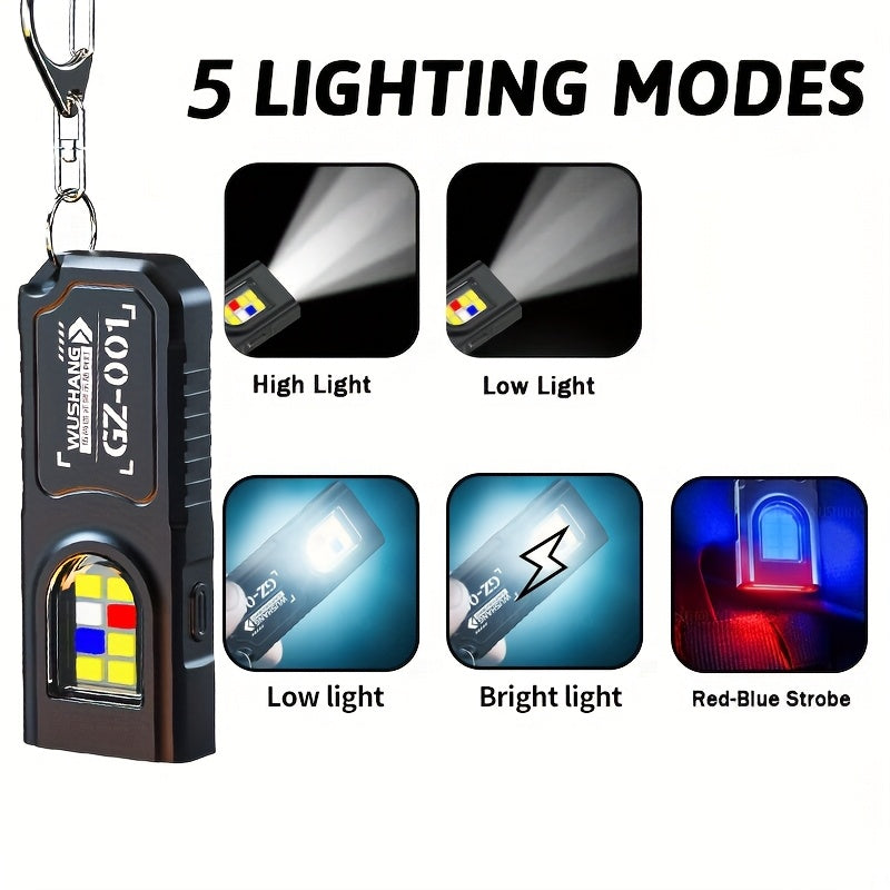 High Lumen Ultra-Thin Flashlight, Keychain Light, Magnetic Base, Rear Clip Buckle with Hook, Dual Light Source, 5 Lighting Modes, Red Blue Strobe Side Light, Multifunctional Portable Camping Light