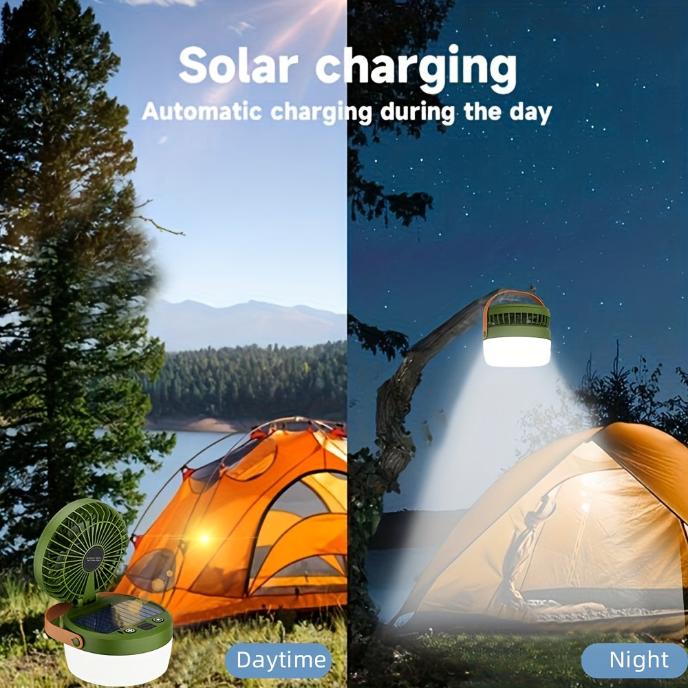 1pc Solar Camping Fan with Light | 2-in-1 Multifunctional Fan, Hanging Tent Light & Portable Fan | USB & Solar Rechargeable | Quiet Wind & Adjustable Angle | Coated Surface