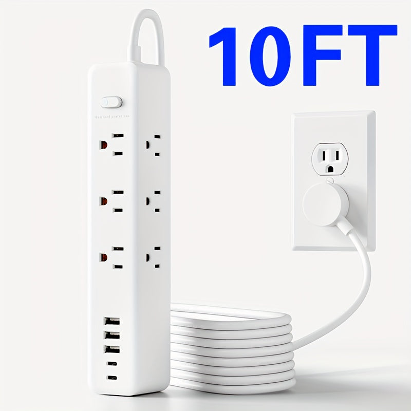 14-in-1 Black Power Strip with 9 Outlets, 3 USB Ports, 2 USB-C Ports, 5/10ft Extension Cord, Flat Plug, Wall-Mountable, Overload Protection, Power Socket Surge Protector - Suitable for Desktop Charging In Homes And Offices