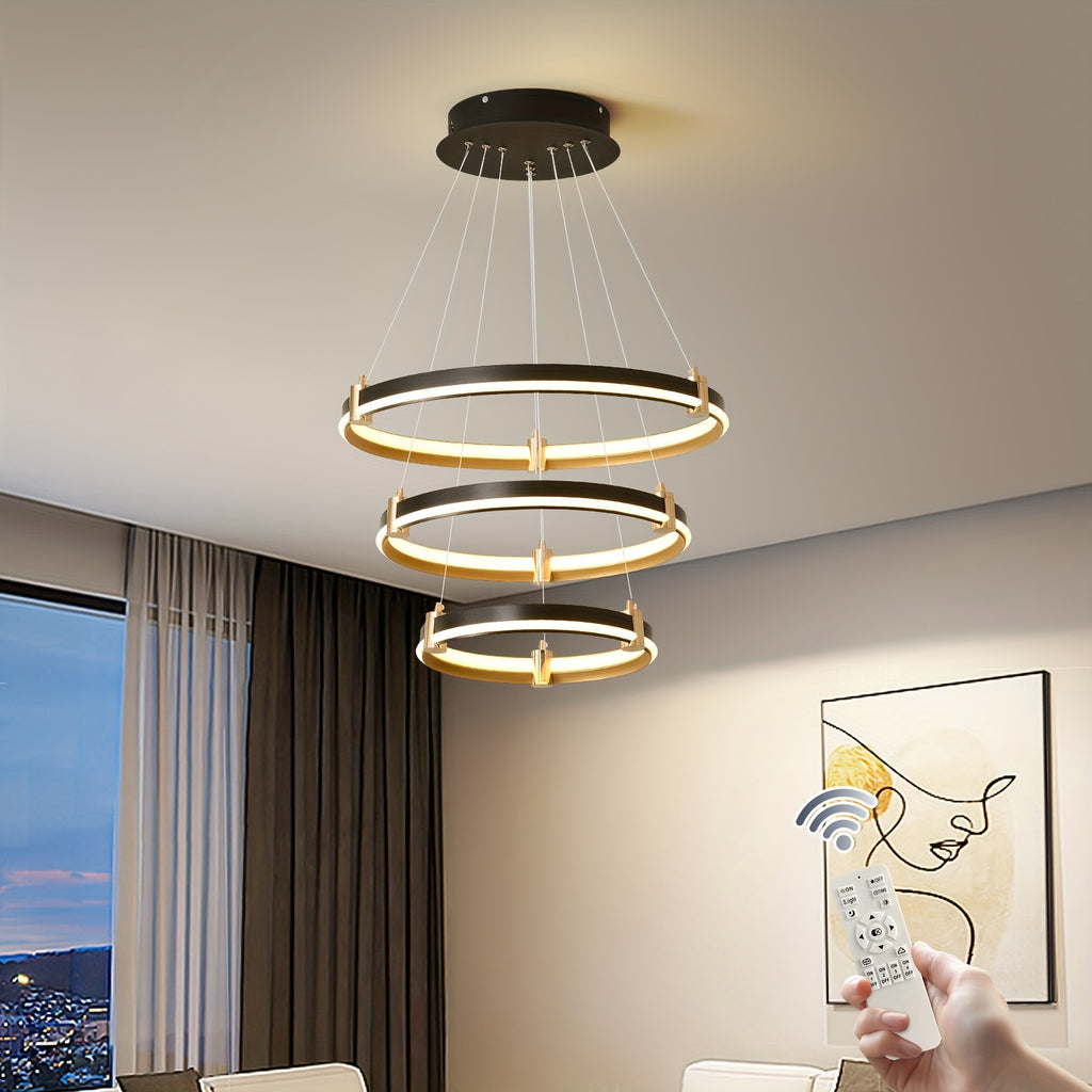 Modern LED pendant light, 90W dimmable modern LED black pendant light, 3-ring acrylic hanging pendant lighting fixture, kitchen island, dining room, living room, bedroom, foyer
