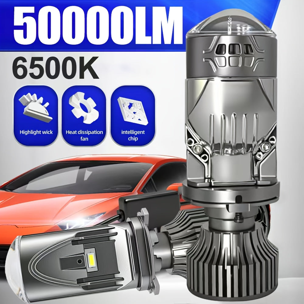 Two H4-QD054 Super Bright 6500K White Light CSP LED Headlights, Luminous Flux Up to 50000LM per Pair, Lens Design for Ideal Beam, Built-in Driver with Fan for Extended Lifespan, No Battery Included